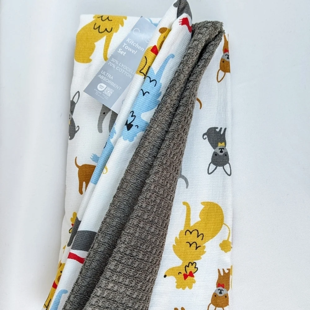 Kitchen Towels Set Of Three (3) Various Dog Breeds Multicolor Solid Grey NWT